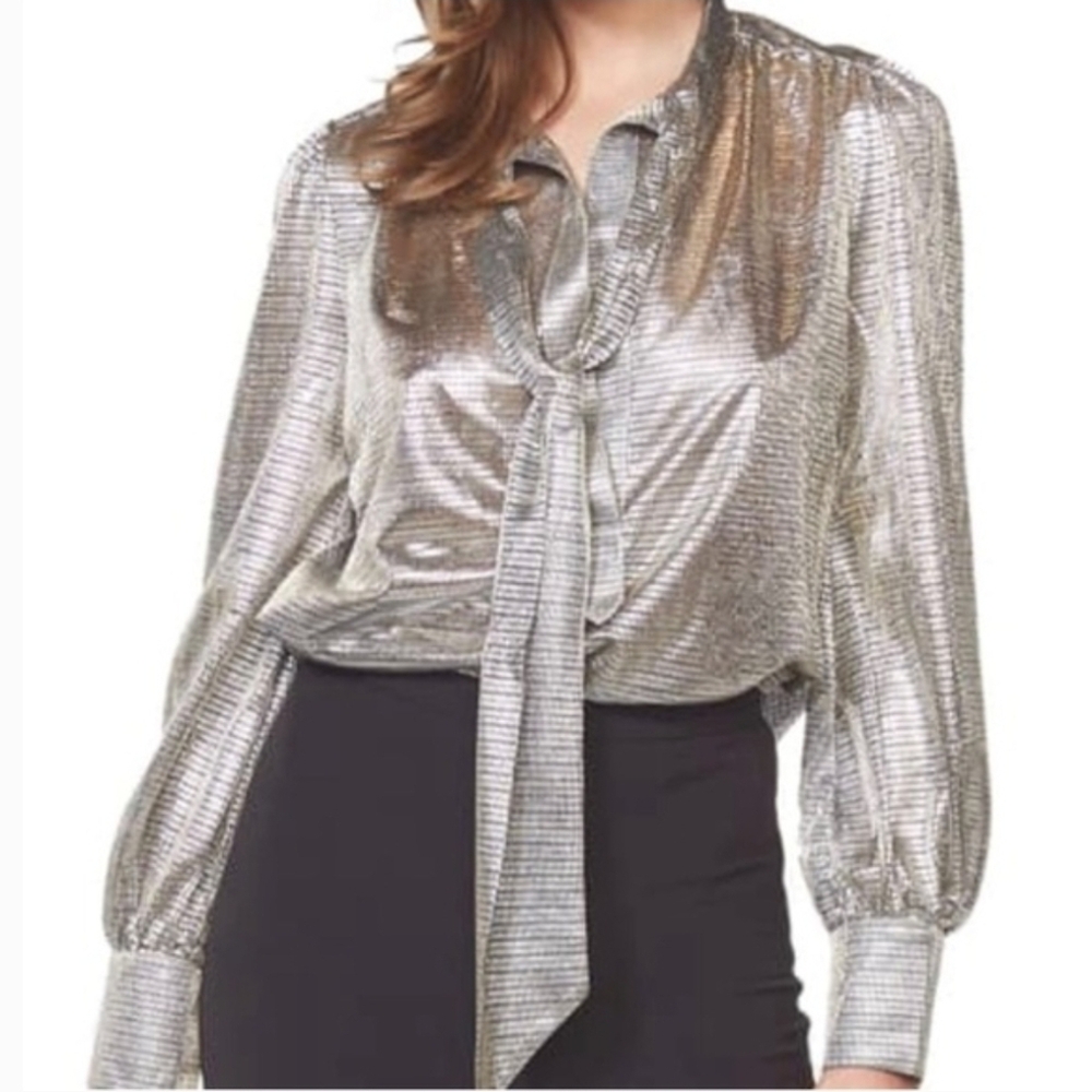 NWT Bardot Metallic Siver Blouse Top Tie Neck Women's 6 Small